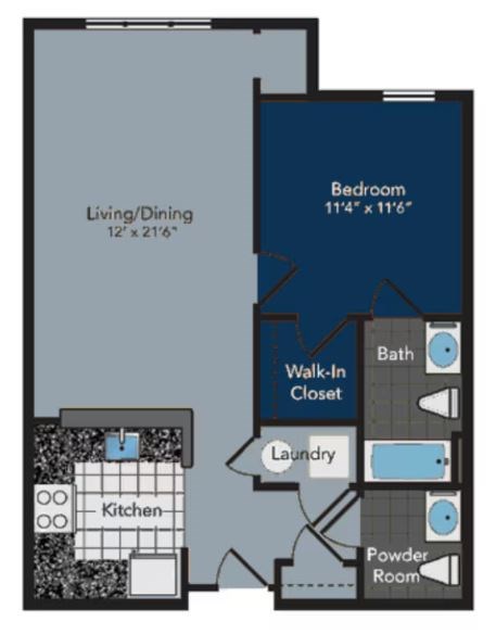Floor plan for 1 bed, 1.5 baths, 736 sqft